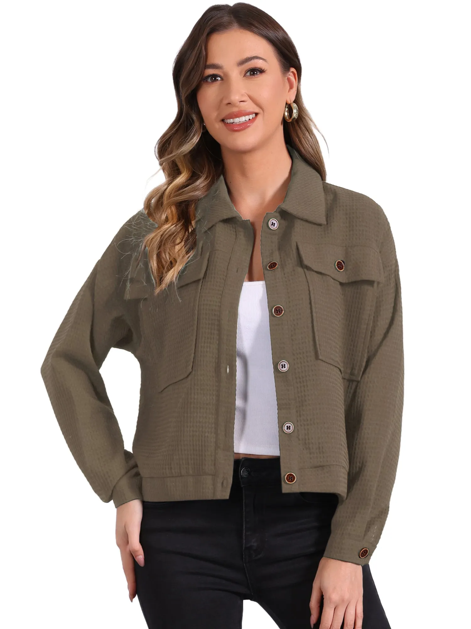 Waffle Shacket Drop Shoulder Pocket Collared Shirt Jacket