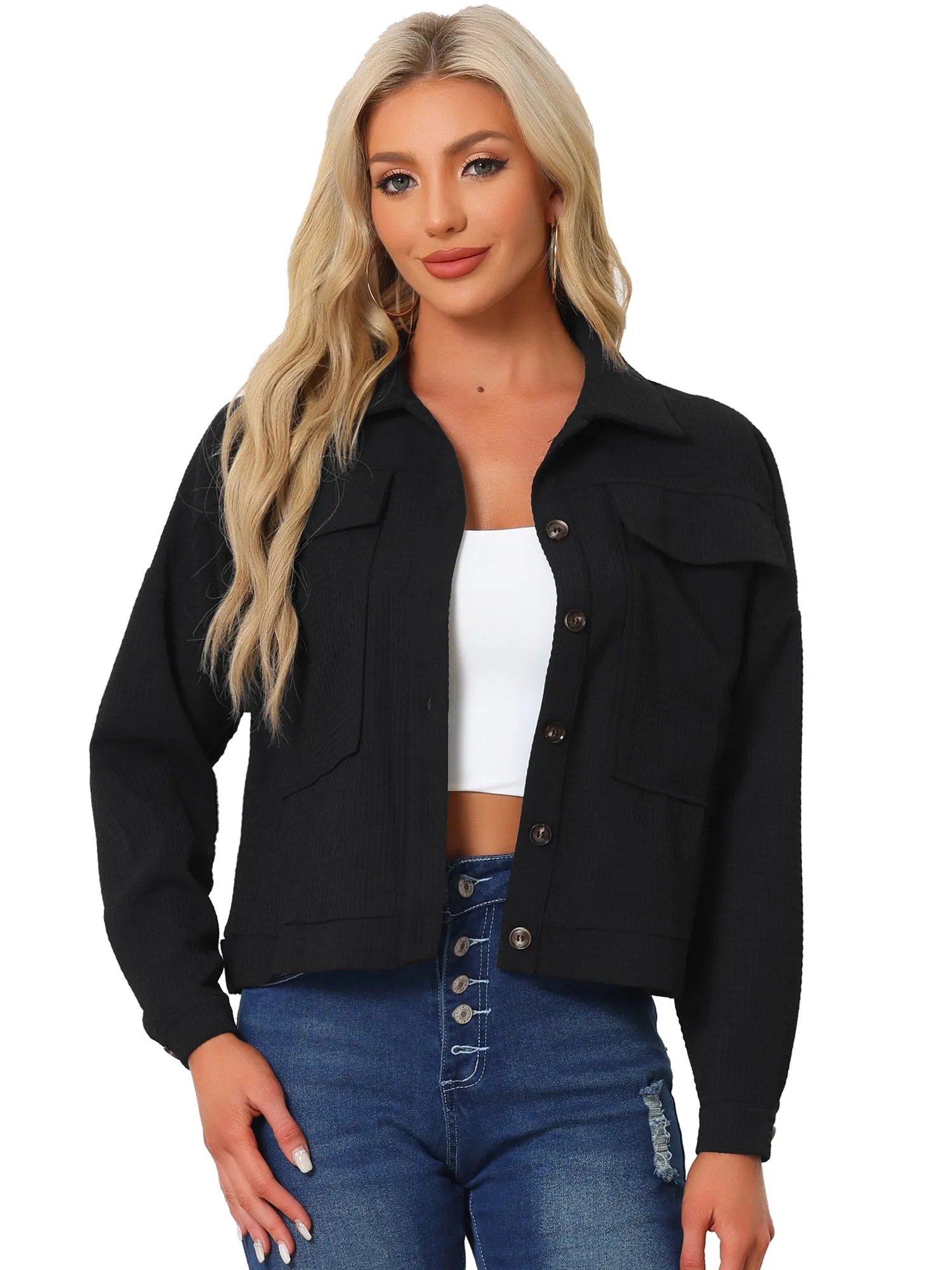 Waffle Shacket Drop Shoulder Pocket Collared Shirt Jacket