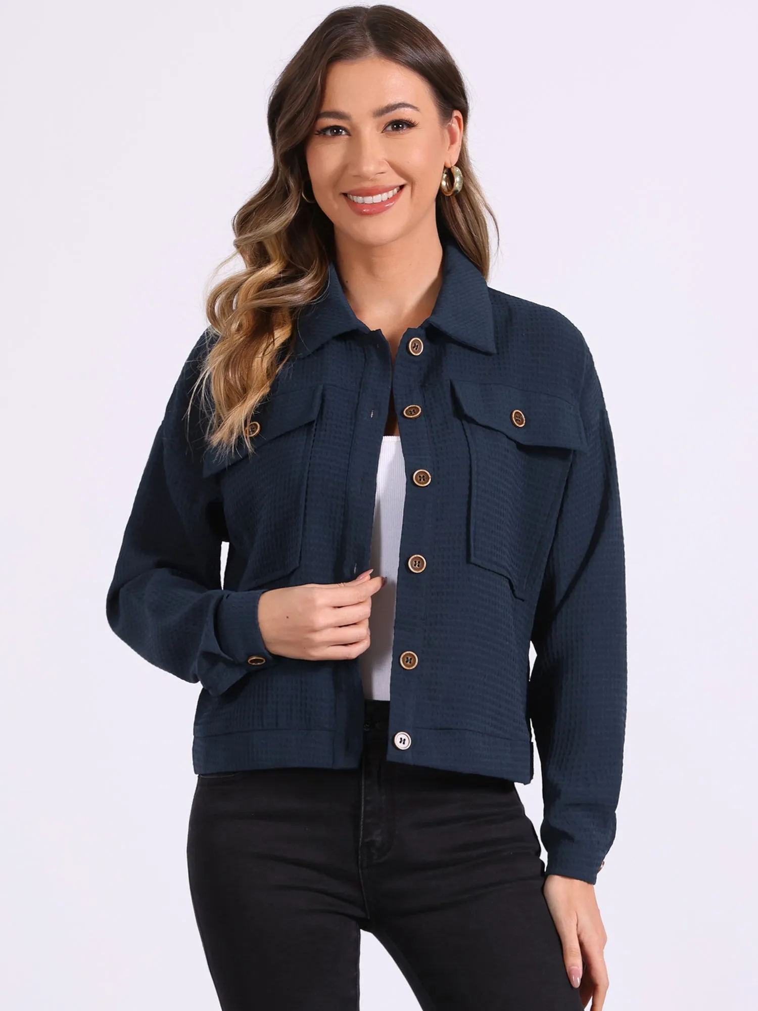 Waffle Shacket Drop Shoulder Pocket Collared Shirt Jacket