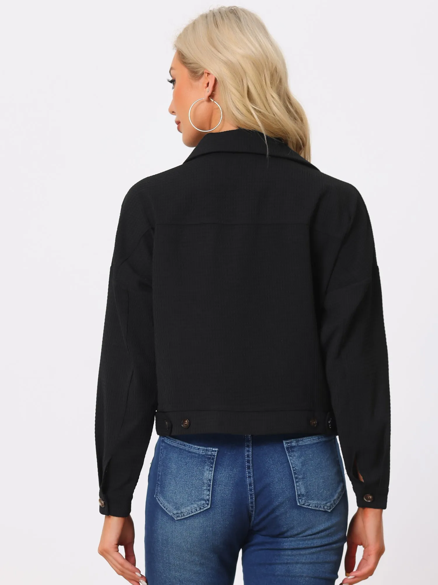 Waffle Shacket Drop Shoulder Pocket Collared Shirt Jacket