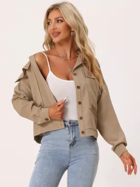 Waffle Shacket Drop Shoulder Pocket Collared Shirt Jacket